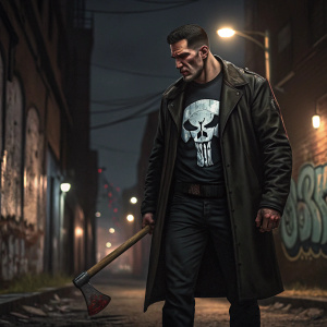 The Punisher, Frank Castle, standing tall, holding a bloodied axe. Dark alley background with graffiti and flickering street lights. Wearing black jacket and skull t-shirt.