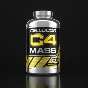 A sleek silver bottle of Cellucor C4 Mass stands out against a bold black backdrop. The vibrant yellow logo and sleek design highlight the pre-workout supplement's promise of enhanced performance and muscle growth.