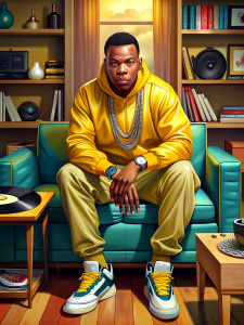 An African American rapper with good shape and profile appearance is sitting on a blue sofa, with a serious and thoughtful expression. He wears a silver chain around his neck and wears a yellow sweatshirt with jeans. His feet are wearing white sneakers with gold details. He is in the bright and decorated living room, next to a yellow table and a record player. On the shelf next to the record player, several vinyl records are arranged in rows, while two are lying on the floor. The rapper appears 