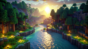 minecraft scene, computer generated image of a river surrounded by trees, computer graphics by Paul Kelpe, deviantart contest winner, computer art, rendered in cinema4d, volumetric lighting, voxel art minecraft morning, sunlight