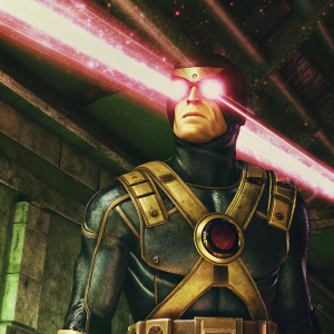 Digital art of Cyclops from X-Men. Futuristic battle suit with golden details. Dark backdrop with glowing energy beams.
