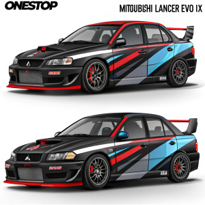 Illustrations of a OneStop-sponsored Mitsubishi Lancer Evo IX rally car. Black with red and blue accents. Emphasizes aerodynamics, vents, and sponsor logos.