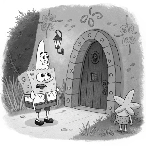 SpongeBob SquarePants and Patrick Star, in a whimsical black and white illustration, standing outside a mysterious door in Bikini Bottom.
