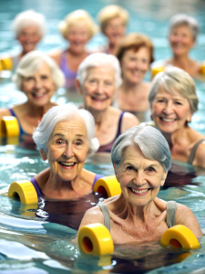 Active mature women enjoying aqua gym class in a pool, healthy retired lifestyle with seniors doing aqua fit sport