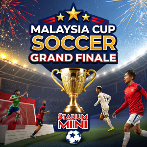 Promotional poster for 'Malaysia Cup Soccer Grand Finale'. Dynamic design showcasing golden trophy, vibrant team logos, and energetic soccer graphics. Event details: Stadium Mini, Malaysia, date and time highlighted.