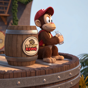 3D render of Diddy Kong holding a barrel. Sitting on a platform with a stylized logo. High-definition image.