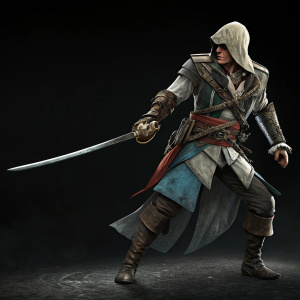 Edward Kenway, from Assassin's Creed IV: Black Flag, posed with a long sword. Black backdrop, giving a dramatic look.