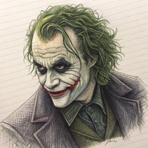 A detailed pencil sketch of The Joker from Batman. He has a wild, green hair, dark circles under his eyes, and a menacing grin. The paper has faint grid lines.