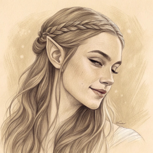 Pencil drawing of an elf woman with elven features, winking, long side parted hair. Warm beige background.