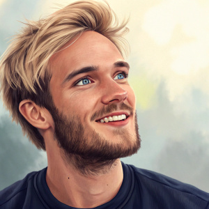 Stylized digital portrait of PewDiePie. Close-up view with soft background blur. Blonde hair, beard, and detailed facial features.