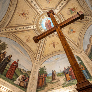 Ceiling fresco depicting Magellan's Cross. Traditional attire, various postures, some standing, others kneeling, all surrounding the large wooden cross