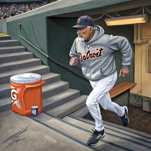 Jim Leyland sprinting up stadium steps. He wears a gray hoodie with the Tigers logo and white baseball pants. The dugout and orange cooler are visible in the background.