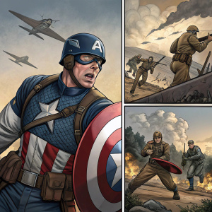 Storyboard illustration of Captain America from The First Avenger. Scenes depicting Captain America in various heroic actions. Comic book style