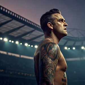Promotional image for Robbie Williams concert. A muscular man with tattoos stands in a dimly lit stadium, looking intense.