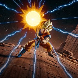 Super Saiyan Goku in a dynamic action pose. Surrounded by a brilliant orange and yellow aura with blue lightning effects. Against a dark, starry sky background.