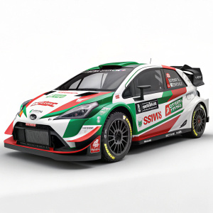 A digital illustration showcasing the Toyota Yaris WRC with Castrol branding. The vehicle's sleek design and vibrant green and red accents stand out on a plain background.
