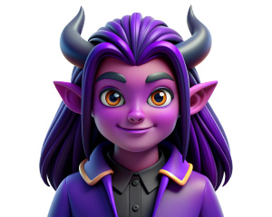 full length purple demon with neon horns and long black hair