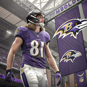 Hayden Hurst, NFL player, in purple Baltimore Ravens jersey with #81. Standing confidently in an indoor stadium during NFL Draft event. Large Ravens banners and logos behind him.