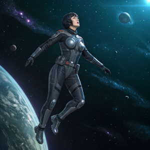 Motoko Kusanagi, cyborg heroine from Ghost in the Shell, floating in space. Wearing a sleek, metallic outfit with advanced tech components. Dark, starry cosmos background