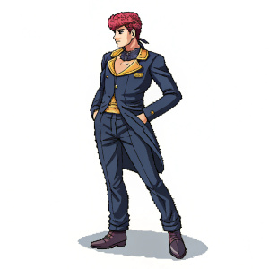 Josuke Higashikata, from the anime JoJo's Bizarre Adventure, in pixel art style. Dressed in his iconic outfit. Centered in the image.
