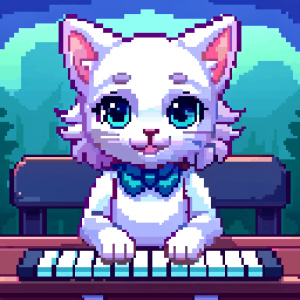 A cartoon white kitten is sitting on a keyboard at a table