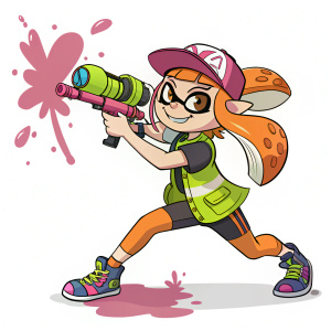 Inkling from Splatoon 2, striking pose with weapon at the ready. Line art illustration on plain white background.
