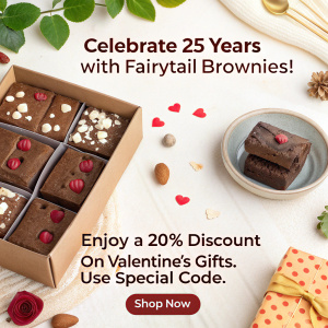 Celebrate 25 years with Fairytail Brownies! Enjoy a 20% discount on Valentine's gifts. Use special code. See gift box below for details. Easy-to-read text, shop now button.