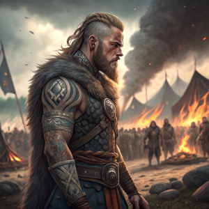 Digital painting of Ragnar Lothbrok, adorned with detailed tribal tattoos. Standing on a battlefield. Background is filled with fallen warriors and burning tents.