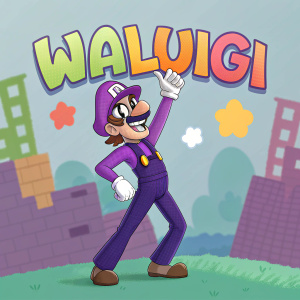 Waluigi, the iconic character from the Super Mario universe, in a vibrant, pixel-art style. Purple outfit, dynamic stance, and expressive face. Various shapes and colors create a lively backdrop with the name 'Waluigi' in colorful fonts.