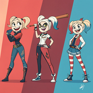 Illustration showcasing evolution of Harley Quinn's character design. From playful cartoon style to intricate concept art. Harley Quinn in various poses, vibrant background.