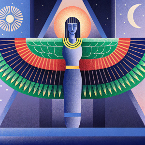 Digital illustration of a mystical humanoid figure inspired by ancient Egyptian art. Elongated body with wings, earthy color palette.