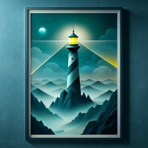 Design a poster featuring the quote, "The lighthouse was then a silvery, misty-looking tower with a yellow eye, that opened suddenly and softly in the evening." Use a minimalist style with abstract waves and a single beam of light cutting through a misty backdrop, employing a serene color palette to evoke a sense of peaceful isolation. vibrant color, high contrast UHD, cinematic, ultra realistic, style raw, DSLR camera with a lens of 50mm -- aspect ratio 1:21 -- v 5.0