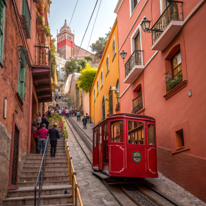 Red cable car in narrow Guanajuato alley. Steep stairs and architectural details. Vibrant buildings with colorful facades. Crowds visible.