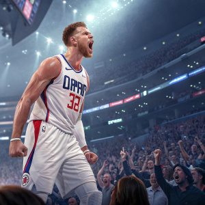 Blake Griffin, wearing an LA Clippers jersey with number 32, in a fierce pose. Indoor arena, filled with enthusiastic crowd.