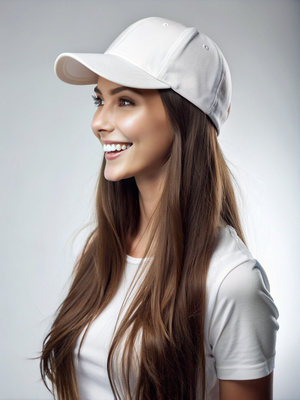 A 25-year-old brunette in a white baseball cap, with long hair, joyful, side view. on a light background. detailed, high quality