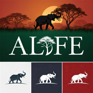 ALIFE brand logo designs, featuring an elephant silhouette. Logo variations include green, black, and red backgrounds. The brand name, ALIFE, in a sleek, sans-serif font.