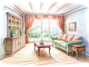 a sketch of a beautiful living room in pencil, (((artists impression, artistic impression, higher detailed illustration, an illustration, detailed illustration, artist's impression))), a kitchen cabinet behind the white sofa, with minimal pictures on the wall, linen curtain next to the classroom window, coffee table, modern wood, ceiling with magnetic emissive lighting