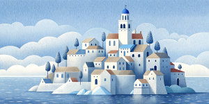 White illustration, Rene magritte style, isolated surrealistic collage of a lot of historical Czech houses and trees on island, huge ocean and sky, white, light pastel colors, zoom out view, grainy texturing paper