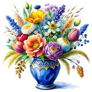 a WATERCOLOR IMAGE Antique Bohemian Enamel Cobalt Blue Glass Vase, decorated with fine porcelain flowers .THERE ARE IN THE VASE : Triticum aestivum , amaranth  peonies  ,yellow WEEDS ,burgundy PEONIE ,orange Bougainvillea, orange  dandelion ,plum geranium,Narcissus, blue crocusES ,mauve daffodil ,mustard roses ,amaranth Damarion s, tulips , pink freesia , lavender Common Crape Myrtle ,yellow Watsonia ,tritoma.carmine Chandramallika, burgundy VIOLETS ,SEPHIA SISYMBRIUM,CREAM CHAMOMILE , teracotta