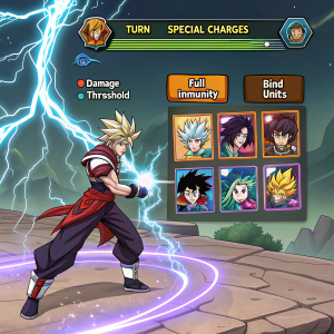 Screenshot from a vibrant anime video game. Character grid showcasing abilities. Dramatic pose with electric energy. Includes turn special charges, damage threshold, full immunity, and bind units.