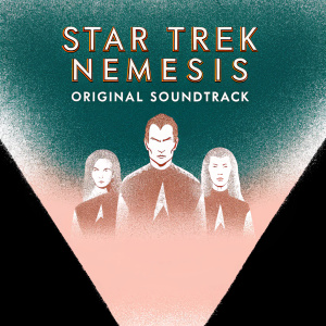 Album cover art for 'Star Trek Nemesis: Original Soundtrack'. Green color palette, featuring iconic Star Trek symbols and characters.