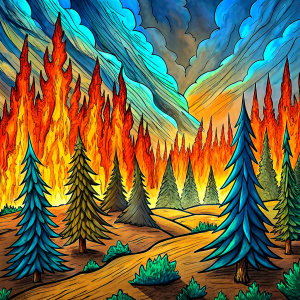 Cartoon style image of a forest fire