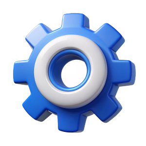 Generate a 3D icon of a blue-white settings mechanical wheel icon against an empty white background. The mechanical wheel icon should have a circular design with blue and white color scheme. The outer ring of the wheel should be blue, representing the primary frame of the wheel, while the inner sections, such as the spokes and gear teeth, should be white to symbolize the mechanical components. The wheel should have several distinct segments or sections, each denoting different settings or option
