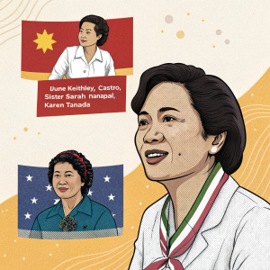 Graphic illustration highlighting Philippine heroines of the EDSA revolution. Features June Keithley-Castro, Sister Sarah Manapal, Mary John Mananzan, and Karen Tanada. Text details their significant roles. Source: Preen.ph