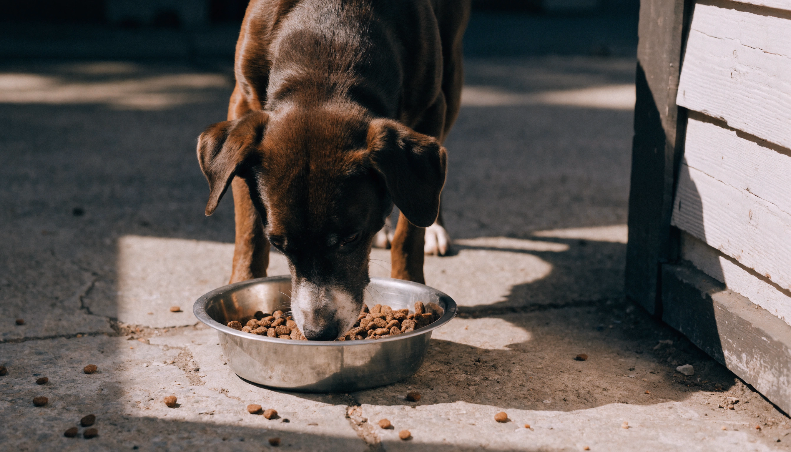 dog eats feed