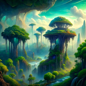 A stunningly intricate view of the mythical planet Pandora from the movie "Avatar." This breathtaking image captures 
the beauty and diversity of Pandora's landscapes, showcasing lush green forests with vibrant bioluminescent flora, 
towering mountains shrouded in mist, and majestic creatures gracefully roaming through the colorful foliage. 
Every minute detail, from the intricate patterns on the leaves to the shimmering reflection of distant waterfalls, 
is rendered with impeccable clarity and 