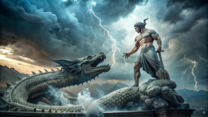 imagen completa Diomedes mata al gigantesco dragón que custodiaba la estatua, Foto realista,RealVisXl, cuerpo completo, Hiperrealista,4k , fondo tormentoso.