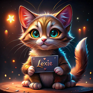 Un bébé chat mignon tient avec ses mains une pancarte avec écrit "Lexie"