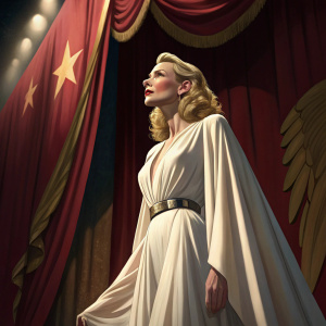 Cate Blanchett, Caucasian actress, standing in front of a deep red curtain with golden accents. She wears a flowing white dress with a belt at the waist. Her golden hair falls in waves. The lighting is dramatic, casting shadows and highlights