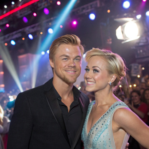 Kellie Pickler and Derek Hough mingle at the DWTS after party. Bright lights and cheering crowd in background